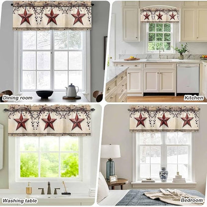 Farmhouse American Valances for Windows, Country Star Berries Vintage Wood Grain Kitchen Valance Light Filtering Rod Pocket Short Curtains for Kitchen Bathroom, 1 Panel, 42"x12"