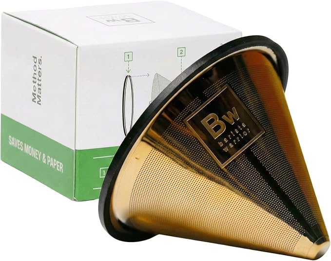 Barista Warrior Compatible with Hario V60 Pour Over Coffee Filters - Reusable Stainless Steel - Best Coffee Maker and Bar Accessories (Gold Titanium Coated)