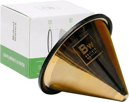 Barista Warrior Compatible with Hario V60 Pour Over Coffee Filters - Reusable Stainless Steel - Best Coffee Maker and Bar Accessories (Gold Titanium Coated)