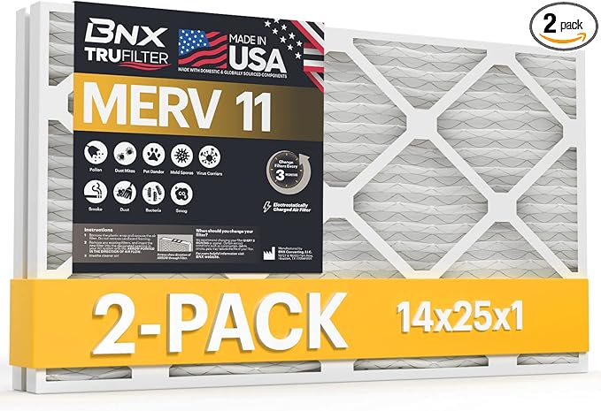 BNX 14x25x1 MERV 11 Air Filter 2 Pack - MADE IN USA - Electrostatic Pleated Air Conditioner HVAC AC Furnace Filters - Removes Dust, Mold, Pollen, Lint, Pet Dander, Smoke, Smog