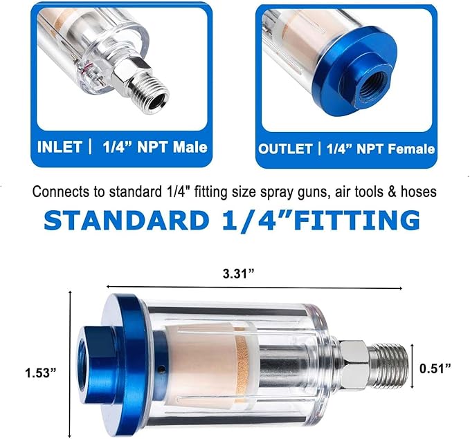 Air Compressor Moisture Separator Filter,For Air Line Compressor Fitting, Clear Glass with Blue Aluminum Cap, 1/4 Inch NPT Connection, 2 Pack