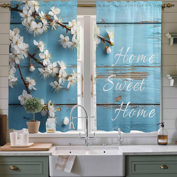 Farmhouse Wooden Grain Kitchen Curtains, Vintage Shabby Chic Flower Blue Light Filtering Window Curtain Panels, 2Pcs Rod Pocket Window Treatments Set for Living Room Bathroom Bedroom 42x63 Inches