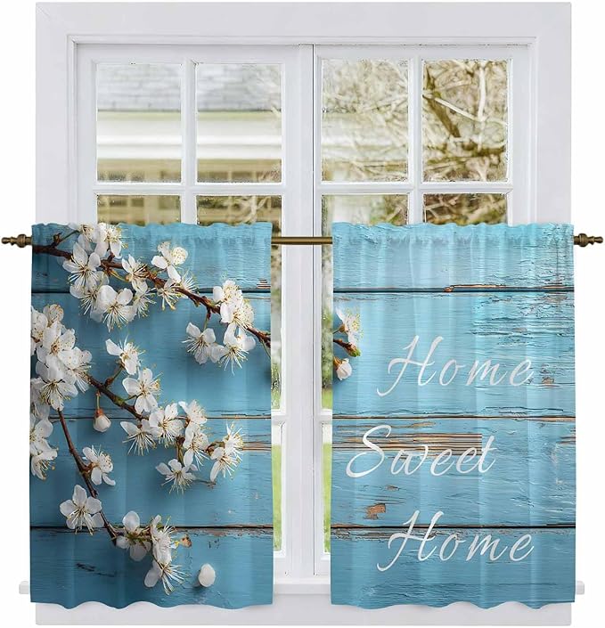 Farmhouse Wooden Grain Kitchen Curtains, Vintage Shabby Chic Flower Blue Light Filtering Window Curtain Panels, 2Pcs Rod Pocket Window Treatments Set for Cabin Bathroom Bedroom 52x45 Inches