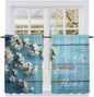 Farmhouse Wooden Grain Tier Curtains, Vintage Shabby Chic Flower Blue Light Filtering Kitchen Curtains, 2Pcs Rod Pocket Half Window Treatments Panels for Sink Cafe Cabinet Basement 27.5x45 Inches