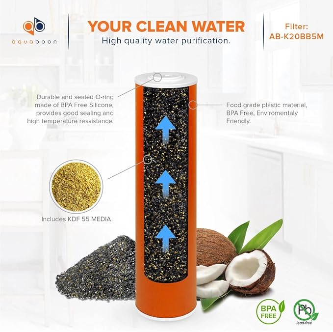 Aquaboon 20x4.5" Whole House Water Filter Cartridge – Premium KDF Heavy Metal Removal – Fits DB20P Housings 1 Pack