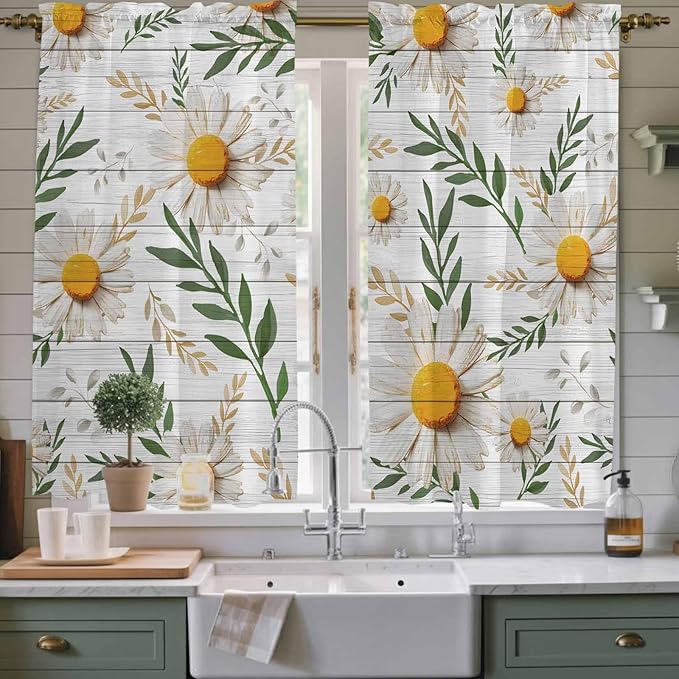 Spring Daisy Kitchen Curtains, Farmhouse Country Flower Leaf Plant Wood Grain Light Filtering Window Curtain Panels, 2Pcs Rod Pocket Window Treatments Set for Living Room Bathroom Bedroom 42x63 Inches