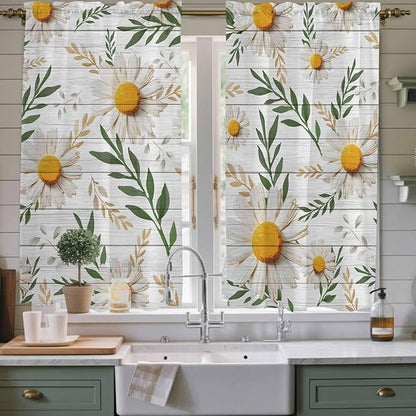 Spring Daisy Kitchen Curtains, Farmhouse Country Flower Leaf Plant Wood Grain Light Filtering Window Curtain Panels, 2Pcs Rod Pocket Window Treatments Set for Living Room Bathroom Bedroom 42x63 Inches