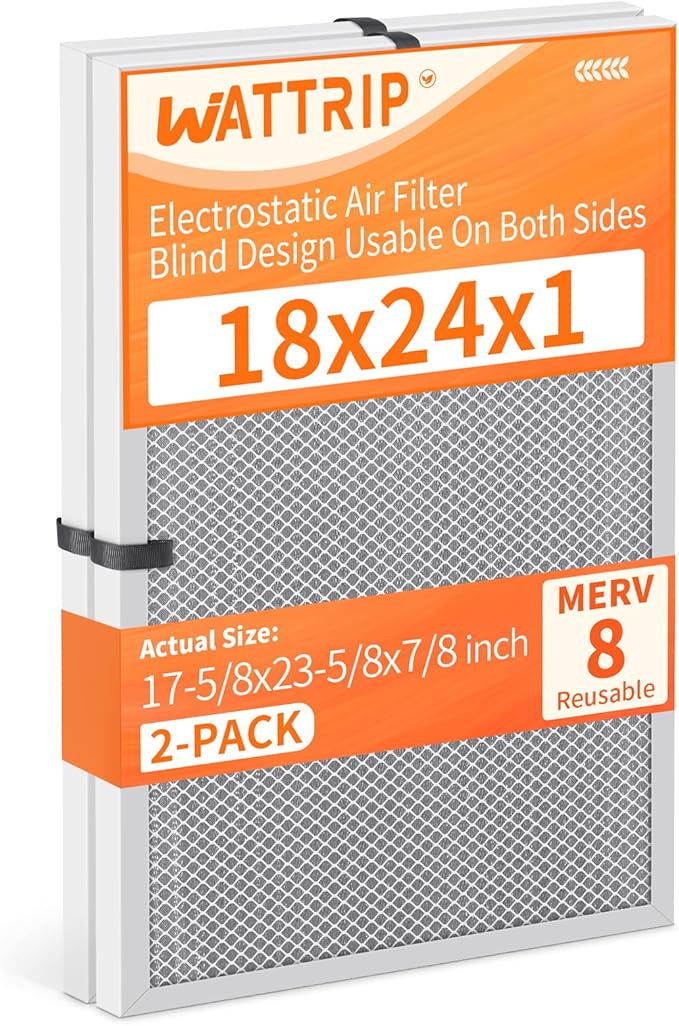 2-Pack 18x24x1 MERV 8 Reusable & Washable Electrostatic Air Filters - Long-Lasting Filter for HVAC, Furnace & Air Conditioner Units, Actual Size: 17-5/8” x 23-5/8” x 7/8”