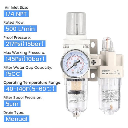 1/4 Inch NPT Compressed Air Filter Air Pressure Regulator Water-Oil Separator Trap Filter with Lubricator Cup