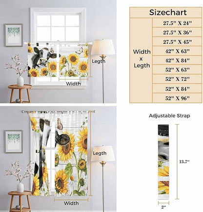 Retro Farmhouse Floral Living Room Curtains 84 Inch Length, Window Curtains Tab Top, Yellow Sunflowers Cows Butterfly Wood Light Filtering Window Treatments Drapes 52"x84" 2 Panel