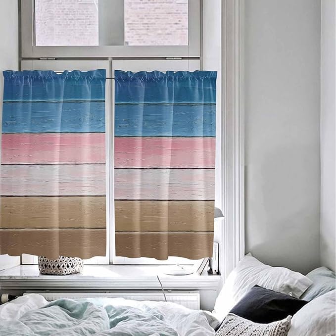 Blue Pink Brown Gradient Wood Grain Window Valance Curtains, Vintage Wood Board Light Filtering Kitchen Valance with 3-inch Rod Pocket for Living Room Bathroom Bedroom,2 Panel,42x45In