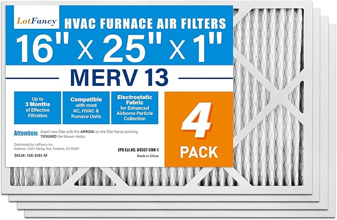 LotFancy 16x25x1 Air Filter MERV 13 4-Pack, Electrostatic Pleated HVAC Furnace Air Filter, Captures Pet Dander Smog Smoke, Actual Size: 15.75"x24.75"x0.75"
