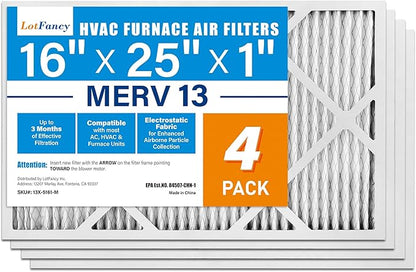 LotFancy 16x25x1 Air Filter MERV 13 4-Pack, Electrostatic Pleated HVAC Furnace Air Filter, Captures Pet Dander Smog Smoke, Actual Size: 15.75"x24.75"x0.75"