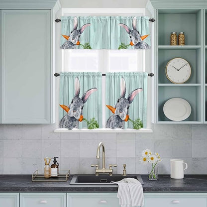 Easter Kitchen Curtain Set, Spring Rabbit Botanical Carrots Green Wooden Grain Window Valance and Tiers 24" Length, Light Filtering Short Curtains Valance for Cafe Bathroom Bedroom 54"x18"