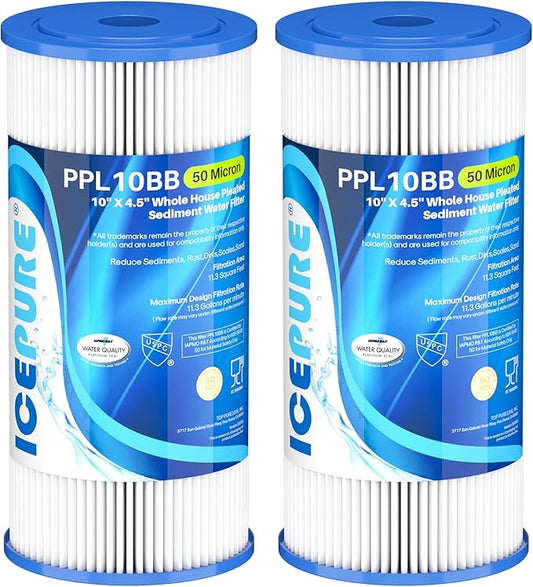 ICEPURE 50 Micron 10" x 4.5" Whole House Extra Coarse Pleated Sediment Filter for Well Water, Replacement Cartridge for GE FXHSC, Culligan R50-BBSA, DuPont WFHDC3001, W50PEHD, R50-BB, 2Pack