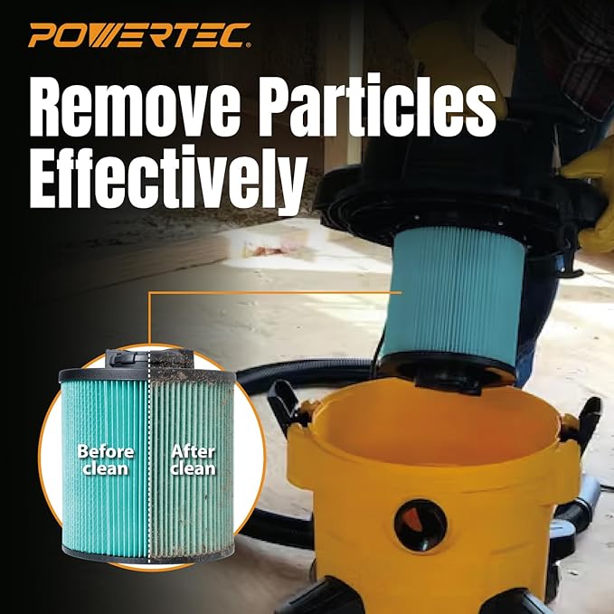 POWERTEC DXVC6914 HEPA Cartridge Filter for DeWalt 6-16 Gal. Wet/Dry Vacuums, Shop Vac Filters for DXV09PA, DXV10S-QT, DXV09P-QTA, DXV06P-QT, DXV10P-QT Shop Vacuum, 1 Pack (75121)