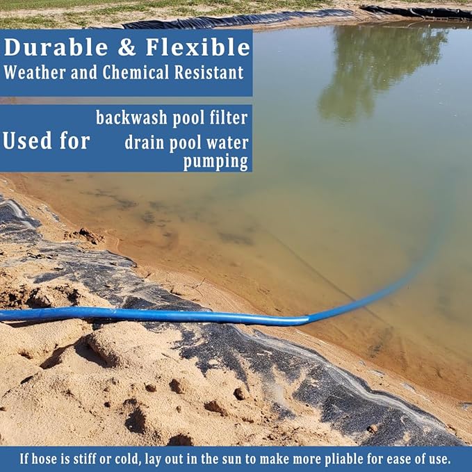 Pool Backwash Hose 1 1/2 inch × 50 ft Thicken Blue Water Discharge Pipe Lay Flat Tubing Hose for Backwash Pool Filter, Drain Pool Pond Water (1.5in-50ft, Vinyl Tubing)