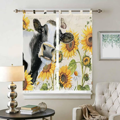 Yellow Sunflowers Living Room Curtains 84 Inch Length, Window Curtains Tab Top, Country Cow Flower Butterfly Farmhouse Cream Light Filtering Window Treatments Drapes 42"x84" 2 Panel