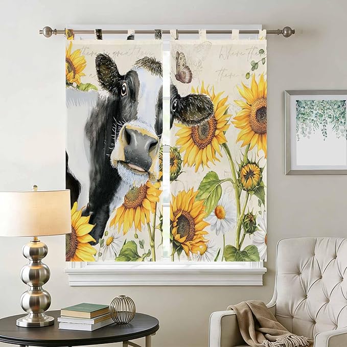 Yellow Sunflowers Bathroom Curtains 63 Inch Length, Window Curtains Tab Top, Country Cow Flower Butterfly Farmhouse Cream Light Filtering Window Treatments Drapes 52"x63" 2 Panel