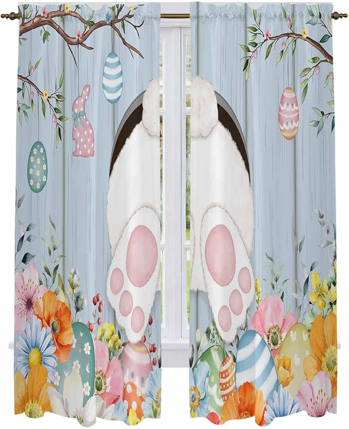Easter Window Curtains 72 Inch Long 2 Panel Set,Rod Pocket Long Curtains & Drapes,Spring Watercolor Bunny Eggs Flower Wood Grain Blue Light Filtering Window Treatment for Bedroom 52"W x 72"L