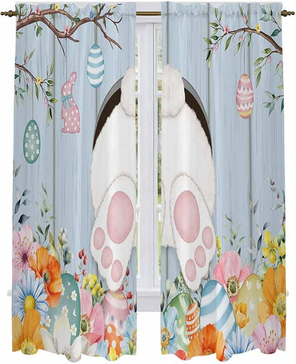 Easter Window Curtains 72 Inch Long 2 Panel Set,Rod Pocket Long Curtains & Drapes,Spring Watercolor Bunny Eggs Flower Wood Grain Blue Light Filtering Window Treatment for Bedroom 52"W x 72"L