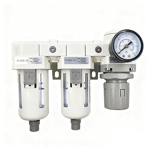 XingNEeng 3/8" NPT Compressed Air Filter Regulator Lubricator (FRL) Combo, Water/Oil Trap Separator, Air Pressure Regulator with Pressure Gauge(0-150 psi), Semi-Auto Drain, Poly Bowl, Metal Bracket