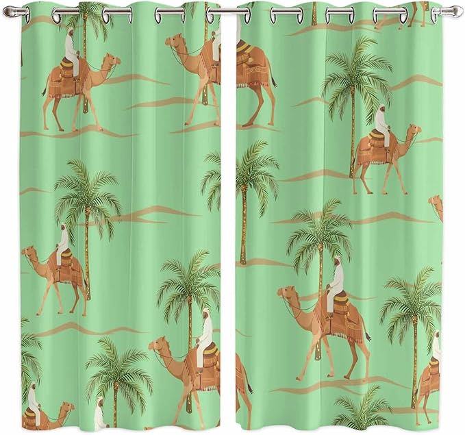 2 Panel Kitchen Cafe Curtains, Desert Camels Sunlight Filtering Nature Air Through, Home Decor Window Covering Tier Curtains for Living Room 104W x 84L inch Tropical Date Palm Trees Animal Green