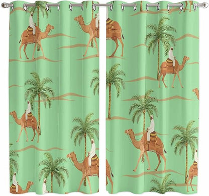 2 Panel Kitchen Cafe Curtains, Desert Camels Sunlight Filtering Nature Air Through, Home Decor Window Covering Tier Curtains for Living Room 104W x 84L inch Tropical Date Palm Trees Animal Green