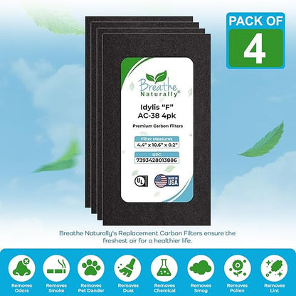 Breathe Naturally - Carbon Filters Compatible with Idylis F AC-38 Series Air Purifiers - Made for Idylis F AC-38/560885 Series - Made in USA - Odor Control for Air Purifiers(4 Pack Carbon Filter)