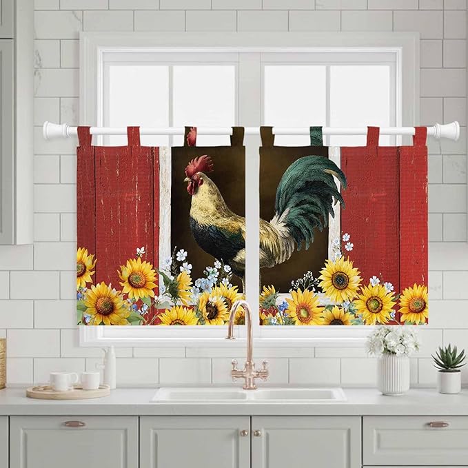 Chicken Sunflowers Kitchen Curtains 24 Inch Length, Small Window Curtains Tab Top, Farmhouse Animals Red Barn Bees Light Filtering Short Window Treatments Tier Drapes 27.5"x24" 2 Panel