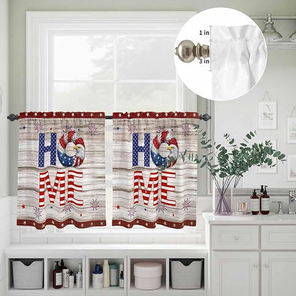 4th of July Kitchen Curtains Set 3 Piece for Windows,Rod Pocket Valance and Tier Set 36 Inch Length,Stars Striped Farmhouse American Flag Wood Grain Light Filtering Cafe Curtains for Living Room