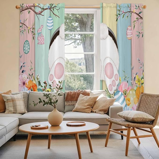 Easter Window Curtains 72 Inch Long 2 Panel Set, Rod Pocket Long Curtains & Drapes, Spring Colorful Bunny Eggs Flower Wood Grain Light Filtering Window Treatment for Bedroom Living Room 52"W x 72"L