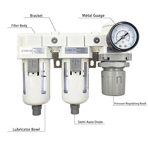 XingNEeng 3/8" NPT Compressed Air Filter Regulator Lubricator (FRL) Combo, Water/Oil Trap Separator, Air Pressure Regulator with Pressure Gauge(0-150 psi), Semi-Auto Drain, Poly Bowl, Metal Bracket