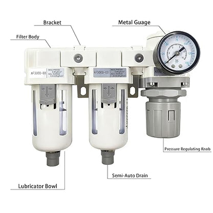 XingNEeng 3/8" NPT Compressed Air Filter Regulator Lubricator (FRL) Combo, Water/Oil Trap Separator, Air Pressure Regulator with Pressure Gauge(0-150 psi), Semi-Auto Drain, Poly Bowl, Metal Bracket