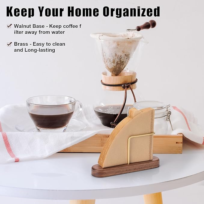 Cone Coffee Filter Holder, Stand Coffee Filter Storage, Coffee Filter Container for V60 Paper Coffee Filters Size #01 and #02, Walnut & Brass