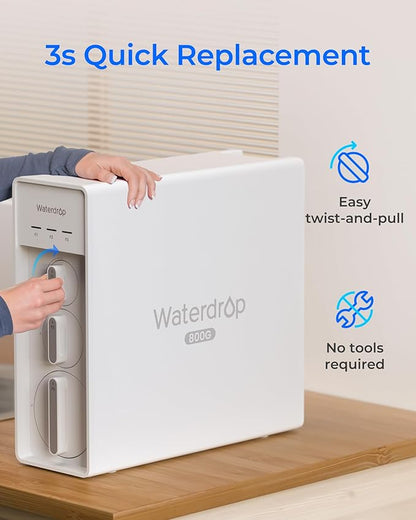 Waterdrop X8-Alkaline Mineral pH+ Tankless Reverse Osmosis System, NSF/ANSI 42&58&372 Certified, 800 GPD RO Water Filter, 10-Stage Filtration UnderSink RO System, 2:1 Pure to Drain, BPA Free