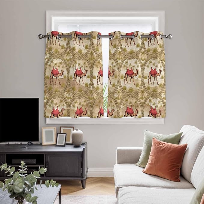 2 Panel Kitchen Cafe Curtains, Desert Camels Sunlight Filtering Nature Air Through, Home Decor Window Covering Tier Curtains for Living Room 104W x 52L inch Tropical Palm Trees Sand Cords Brown