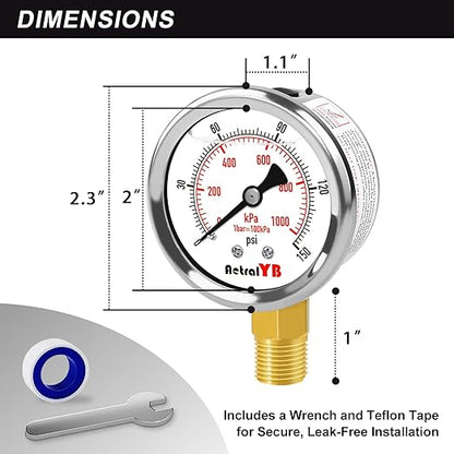 0-150 PSI Pressure Gauge, Liquid-Filled, 2-Inch, Stainless Steel Case, Brass Internals, 1/4" NPT Bottom Mount, Pressure Gauge for Air Compressor, RV Regulator, and Industrial Use