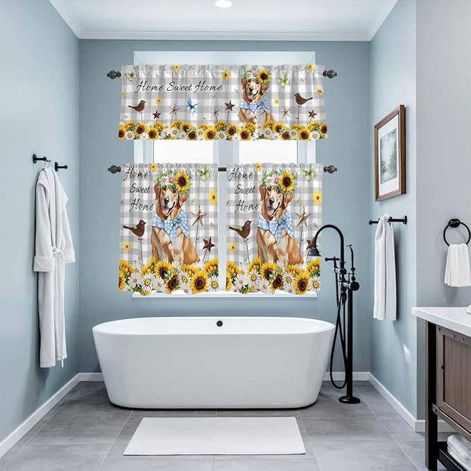 Kitchen Curtains Tiers and Valance Set of 3, Sunflowers Dog Light Filtering Window Curtain Set, Spring Watercolor Floral Stars Grey Plaid Rod Pocket Curtain Drapes for Living Room, 36 Inches Tiers