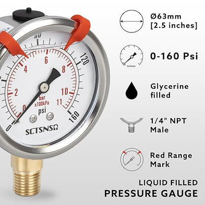 0 to 160 Psi Pressure Gauge, Glycerin Liquid Filled, 2.5 inch Dial, 1/4" NPT Lower Mount, Stainless Steel Case, for Air Compressor, Well Pump, Water, RV, CO2, Pipe, Gas, Pressure Test
