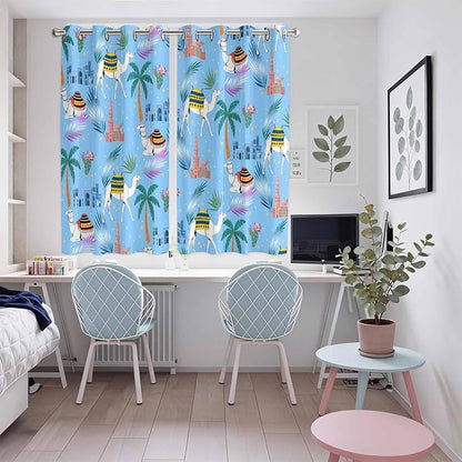 2 Panel Kitchen Cafe Curtains, Desert Landscape Sunlight Filtering Nature Air Through, Window Decor Tier Curtains for Living Room 104W x 72L inch Cute Camels Palm Trees Houses Leaves Blue