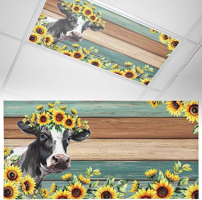 Fluorescent Light Covers Farm Cow Sunflower Magnetic Light Filters Vintage Blue Green Wood Grain Ceiling Light Covers for Classroom Office Home Drop Ceiling Lamp Decor 1 Piece