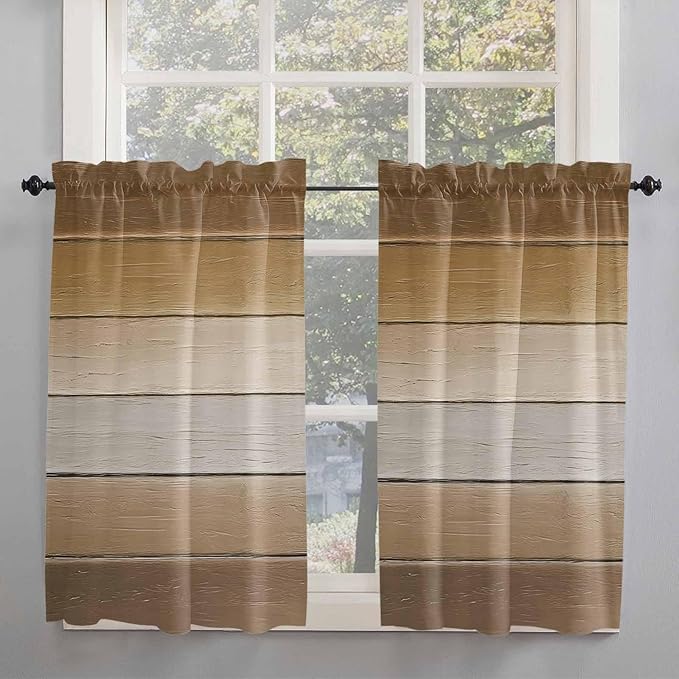 Vintage Brown Gradient Wood Grain Window Valance Curtains, Farmhouse Wood Barn Light Filtering Kitchen Valance with 3-inch Rod Pocket for Living Room Bathroom Bedroom,2 Panel,42x54In