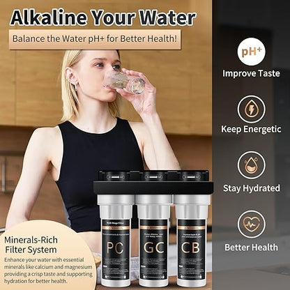 Water Filter for Sink with Faucet, 3-Stage Deep Filtration, Reduce Heavy Metals/Chlorine/PFAS/Odor/Sediment, NSF/ANSI 42&53 Improve Taste, Life Indication Mineral pH+ Under Sink Water Filter