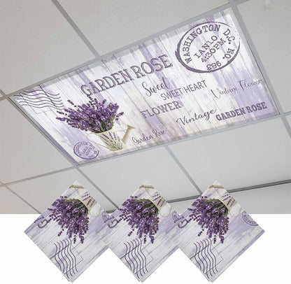 Fluorescent Light Covers for Ceiling Lights Lavender Flower Magnetic Light Filters 3 Pack 4x2 ft Watering Can Purple Old Postcard Wood Ceiling Lights Cover for Classroom Office School Drop Lamp Decor