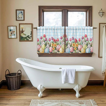 Easter Kitchen Tier Curtains 24 Inch Long 2 Panel Set,Rod Pocket Cafe Small Window Curtains Over Sink,Spring Bunny Colorful Eggs Tulip Flowers Blue Check Light Filtering Short Drapes 27.5"W x 24"L