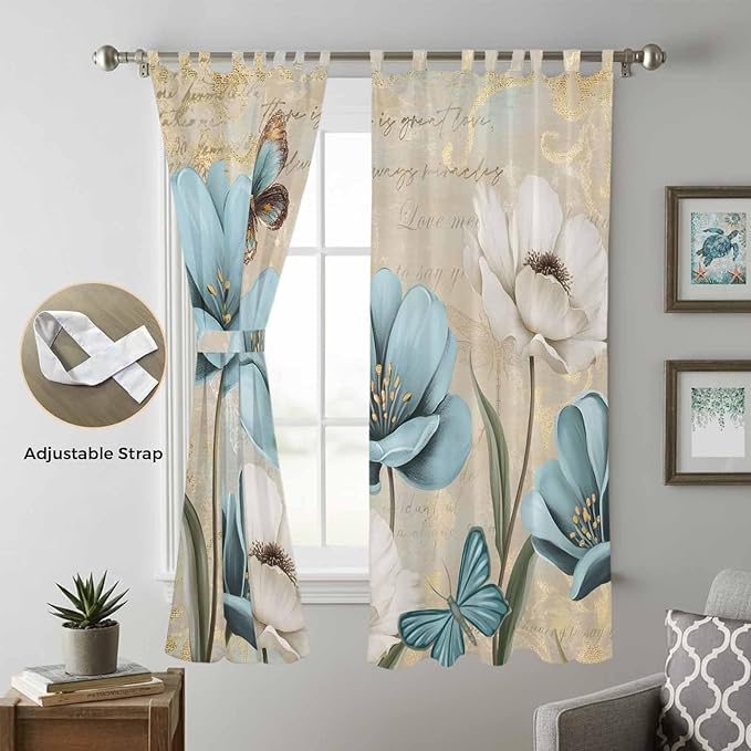 Spring Flowers Living Room Curtains 84 Inch Length, Window Curtains Tab Top, Vintage Rustic Tulips Floral Butterfly Khaki Light Filtering Window Treatments Drapes 52"x84" 2 Panel