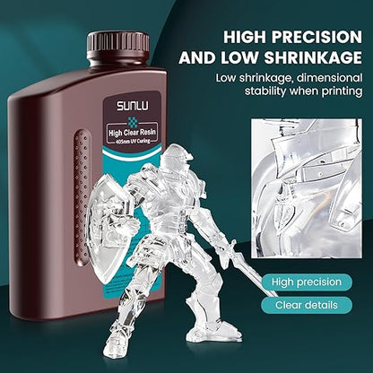 SUNLU High Clear 3D Printer Resin, High Transparency 3D Printing Resin, Resist Yellowing Clear Resin, 405nm UV Curing 3D Printing Photopolymer Resin, Suitable for LCD/DLP/SLA 3D Resin Printer, 1000g