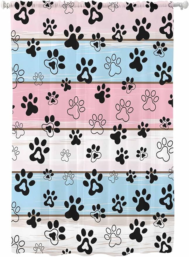 Sheer Curtains 72 Inches Long, Pink Blue Paw Print Semi Sheer Curtains Light Filtering Window Treatment, Vintage Farmhouse Wooden Grain Privacy Voile Drapes for Living Room Bedroom 52x72 Inch