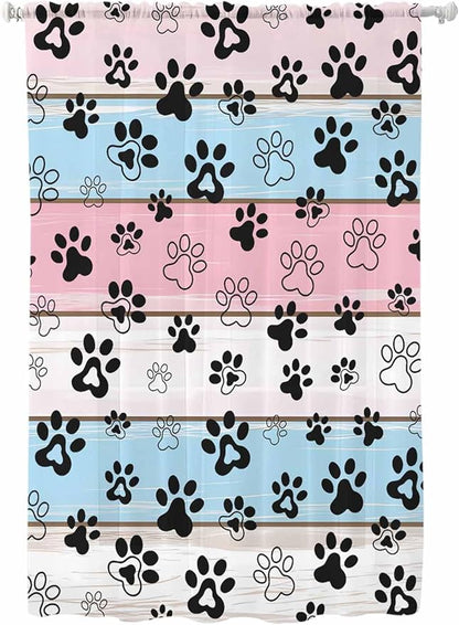 Sheer Curtains 72 Inches Long, Pink Blue Paw Print Semi Sheer Curtains Light Filtering Window Treatment, Vintage Farmhouse Wooden Grain Privacy Voile Drapes for Living Room Bedroom 52x72 Inch
